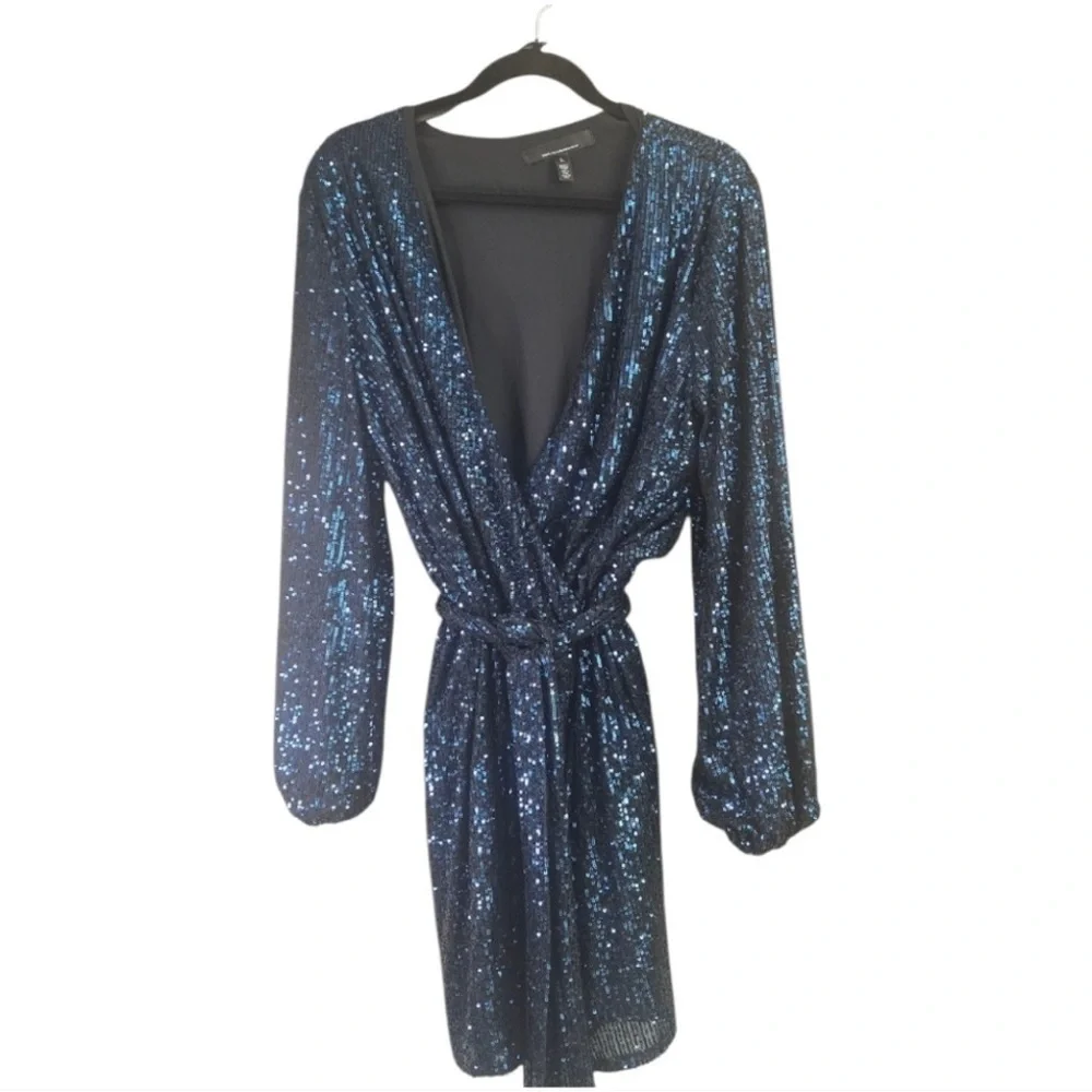 White House Black Market Elegant Blue Sequin Wrap Dress, Size L - Picture 2 of 3